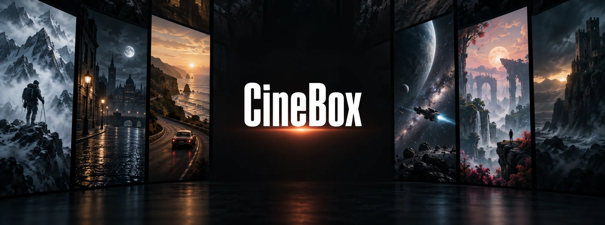 CineBox white wordmark against an original dark wall of cinematic genre artwork